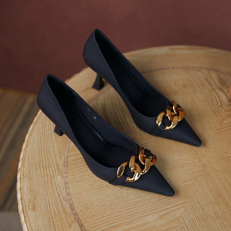 Textured Matte Sheepskin High Heels Spring New Ins Metal ChainShallow Mouth Stiletto Single Shoes Korean Style Pointed Shoes