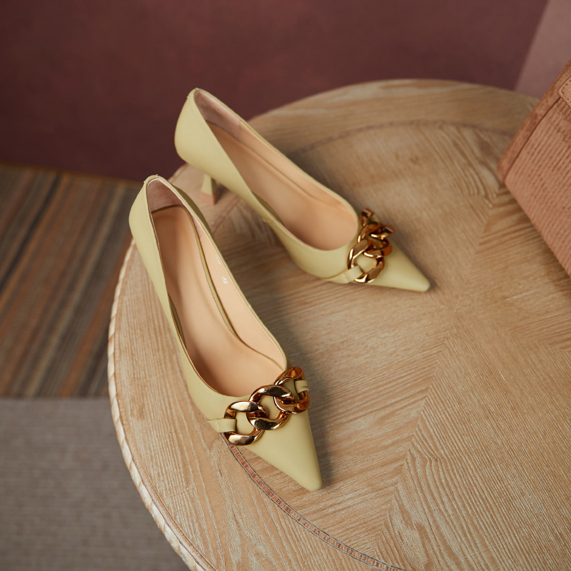 Textured Matte Sheepskin High Heels Spring New Ins Metal ChainShallow Mouth Stiletto Single Shoes Korean Style Pointed Shoes