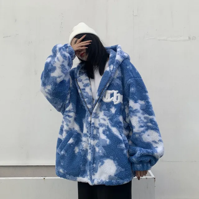 Dark Night Night Autumn And Winter Blue Sky High Street Men Loose Hip Hop Trend Lamb Plush Thick Hooded Couple Jacket Women Blue - Shop at LoveMi