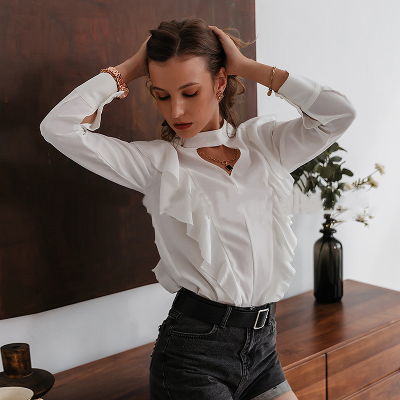 Solid Color Long-Sleeved Hollow Ruffled Top
