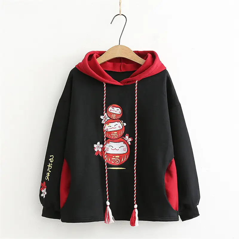 Casual Cartoon Embroidery Plus Velvet Warm Loose Color Matching Hooded Sweater