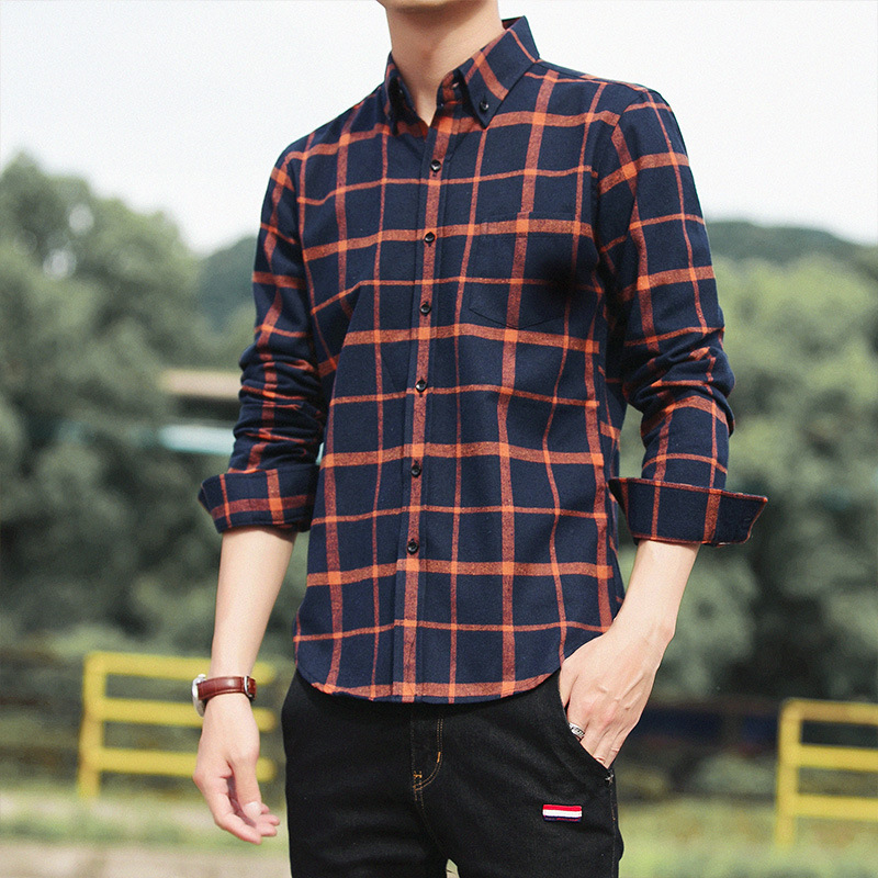 Hong Kong Style Retro Plaid Long-sleeved Shirt Men