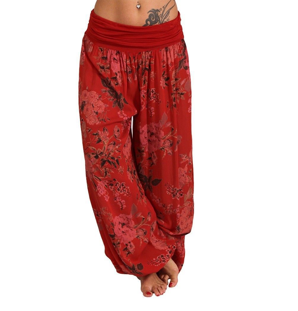 Women Bohemian Floral Print Long Pants Mid Waist Vintage Harem Pants Elastic Waist Boho Beach Trousers Plus Size 5XL