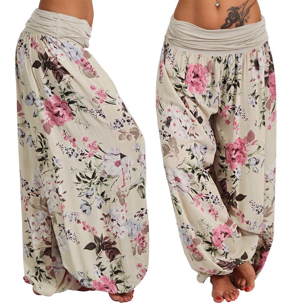 Women Bohemian Floral Print Long Pants Mid Waist Vintage Harem Pants Elastic Waist Boho Beach Trousers Plus Size 5XL Floral - Shop at LoveMi