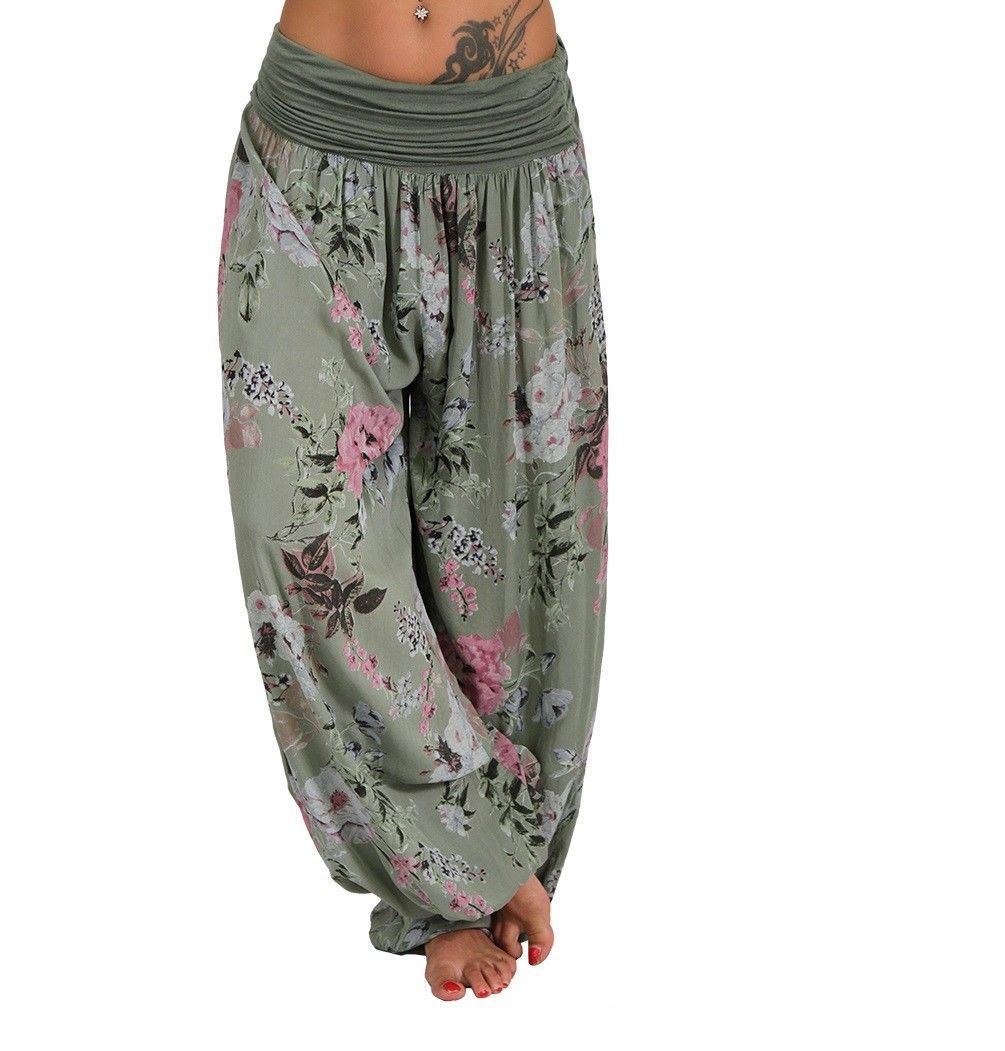 Women Bohemian Floral Print Long Pants Mid Waist Vintage Harem Pants Elastic Waist Boho Beach Trousers Plus Size 5XL Green - Shop at LoveMi