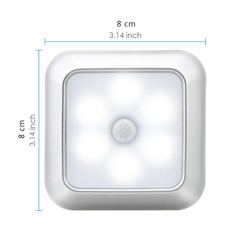 New Arrivals Battery 6Led Square Motion Sensor Night Light PIR Induction Under Cabinet Lights Stairs Kitchen Closet Lamp - White