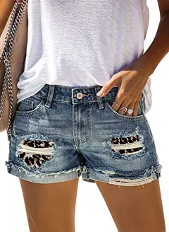 Summer New Style Women's Leopard Print Camouflage Ripped Jeans Shorts - Blue - View 1