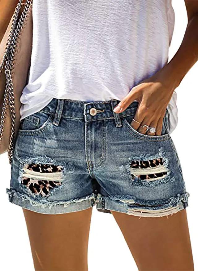 Summer New Style Women's Leopard Print Camouflage Ripped Jeans Shorts Blue - Shop at LoveMi