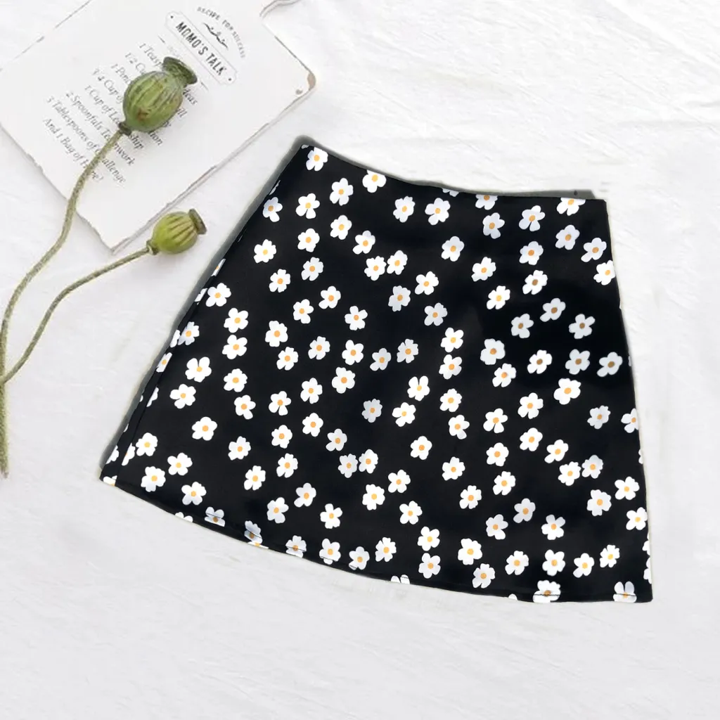 European And American High Waist Satin Print Skirt - Black