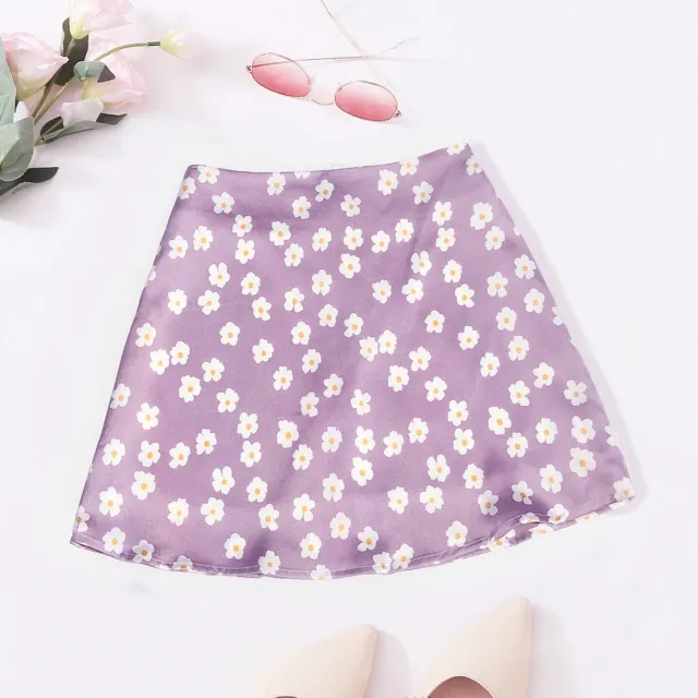 European And American High Waist Satin Print Skirt Purpleflower - Shop at LoveMi