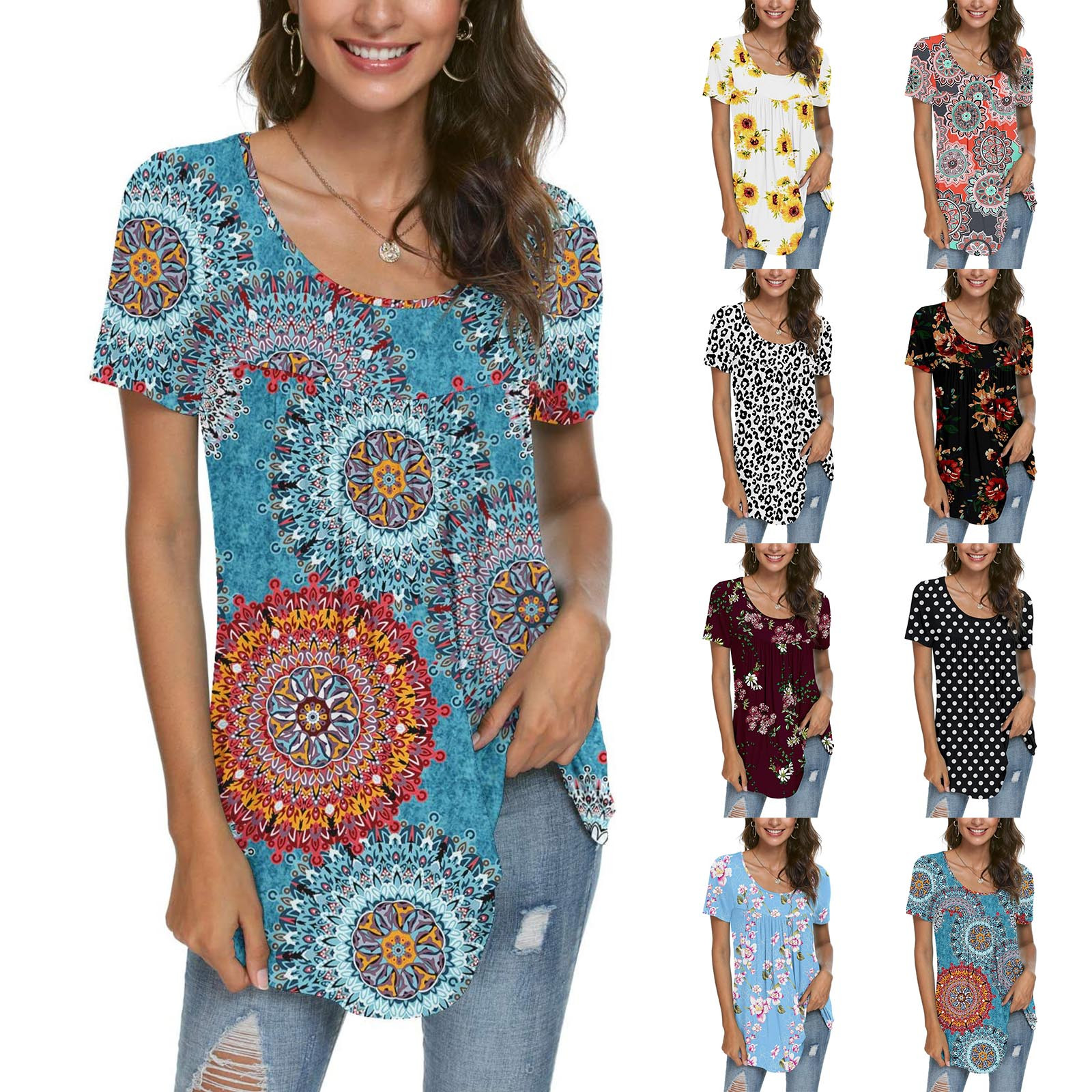 Summer Loose Print Short-sleeved Pullover Casual Beautiful Round Neck T-shirt