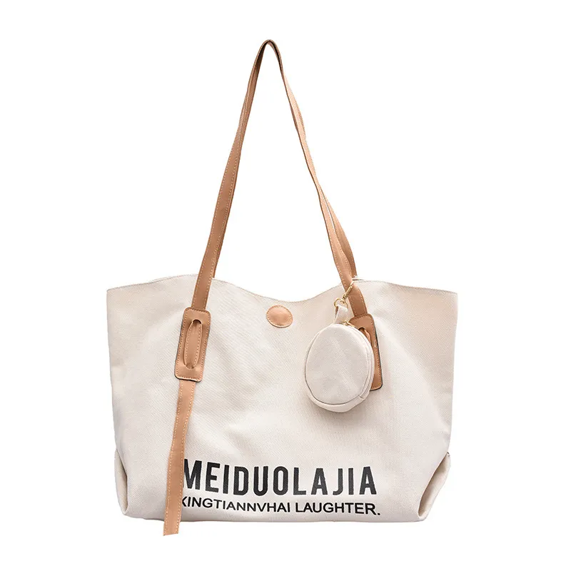 Large-Capacity Portable Tote Bag New Female Bag Korean Version Messenger Shoulder Bag Fashion Portable Canvas Bag - Khaki