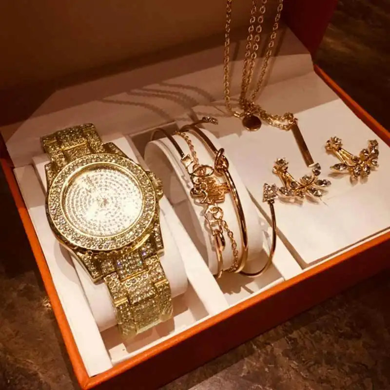 Fashion Creative Diamond Full Diamond Round Watch  Leaf Bracelet Set  Earrings  Necklace