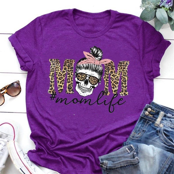 Leopard Print Mom Life Skull Print Short-Sleeved T-Shirt For Men And Women
