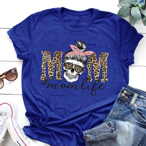 Leopard Print Mom Life Skull Print Short Sleeved T Shirt For Men And Women Blue - Shop at LoveMi