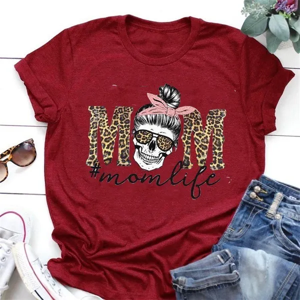 Leopard Print Mom Life Skull Print Short Sleeved T Shirt For Men And Women Red - Shop at LoveMi