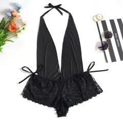 Large Size Sexy Lingerie Women Lace See-Through Sexy One-Piece Tights Nightdress - Black - View 1