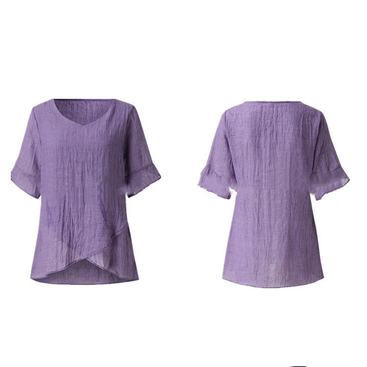 Cotton And Linen V Neck Lotus Leaf Sleeve Irregular Lady T Shirt