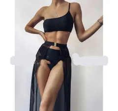 European And American New Three-piece Solid Color Swimsuit Bikini - Black - View 1