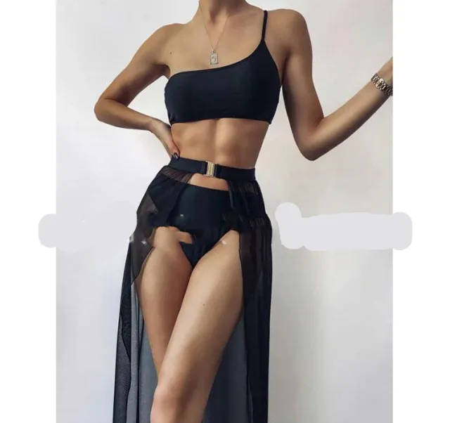 European And American New Three piece Solid Color Swimsuit Bikini Black - Shop at LoveMi