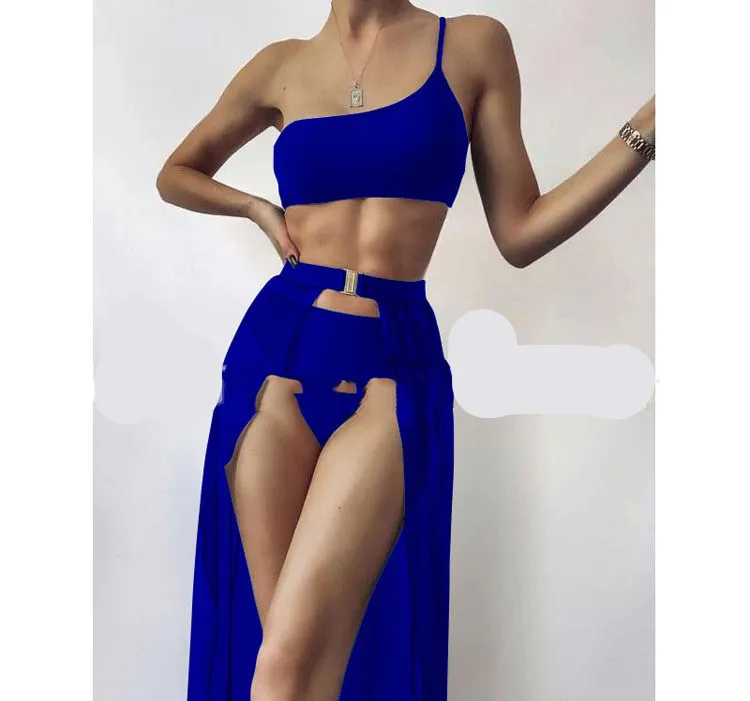 European And American New Three-piece Solid Color Swimsuit Bikini - Blue