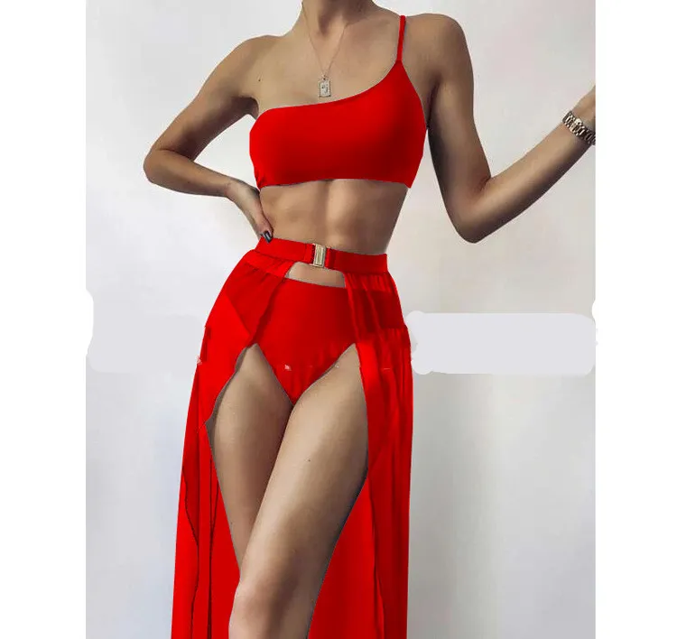 European And American New Three-piece Solid Colour Swimsuit Bikini - Red