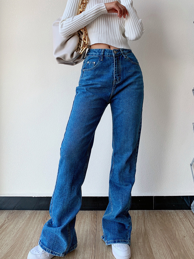 Women's Loose Straight Leg Jeans With Back Slit Drape Navy - Shop at LoveMi