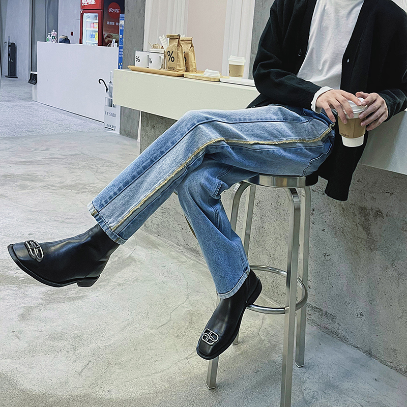Design Stitching Jeans Loose Straight Men's Loose High-end Wide-leg Trousers Trendy And Handsome