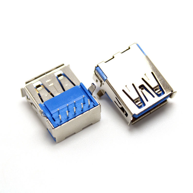 USB Female 3.0 AF Bend-foot Horizontal Socket 90 Degree A Female DIP Blue Glue A Female Connector Copper Shell Iron Shell