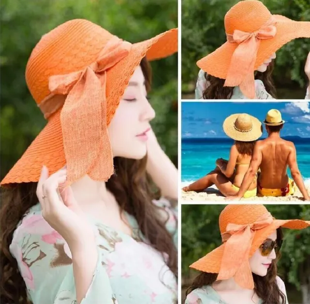 Korean Version Of The Summer Outdoor Beach Bow Sunscreen Sun Hat Solid Color Big Straw Hat Ladies Orange - Shop at LoveMi