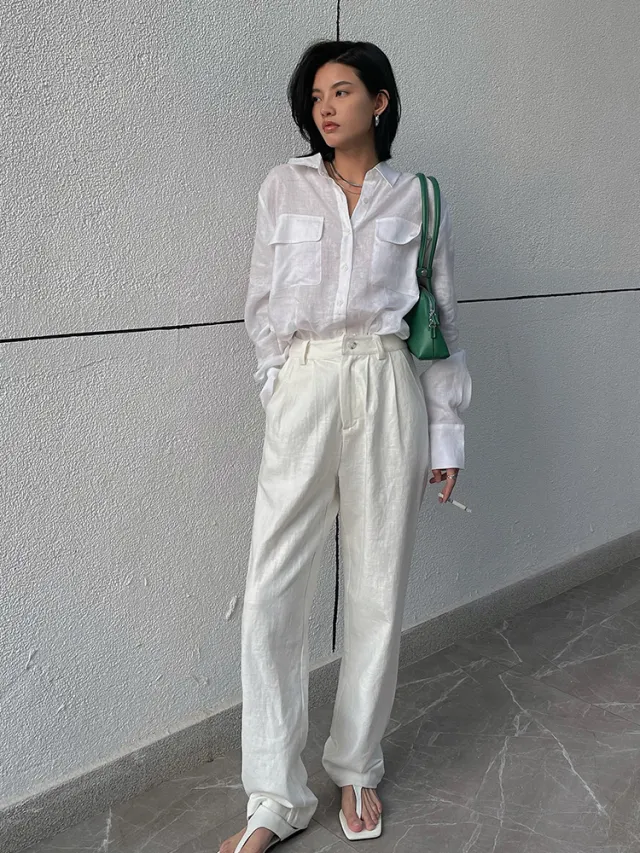 Loose High Waist Straight Leg Casual Pants White - Shop at LoveMi