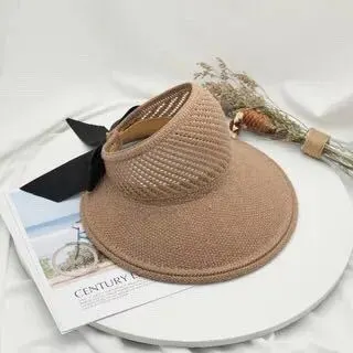 Outdoor Foldable Sun Hat, Bowknot Straw Visor, Knitted Hollow Top Hat, Women Camel - Shop at LoveMi