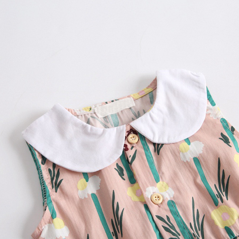 Summer Girl Lapel Round Collar Flower Bamboo Leaf Print,Sleeveless One-Piece Garment Fart Jacket