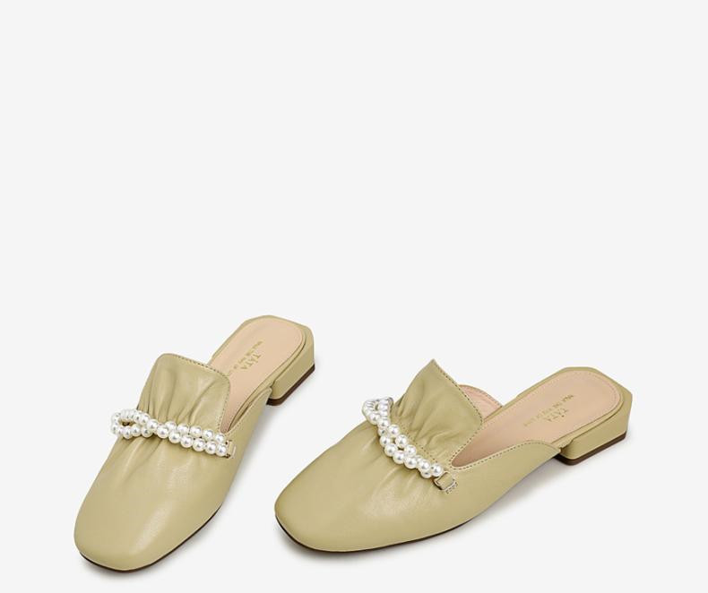 Cow Leather Square Head Pearl Decoration Women's Slippers Casual Mules
