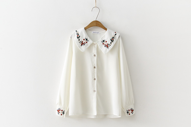 Vintage Embroidered Chiffon Shirt Women's Long Sleeved Doll Collar Bottoming Top