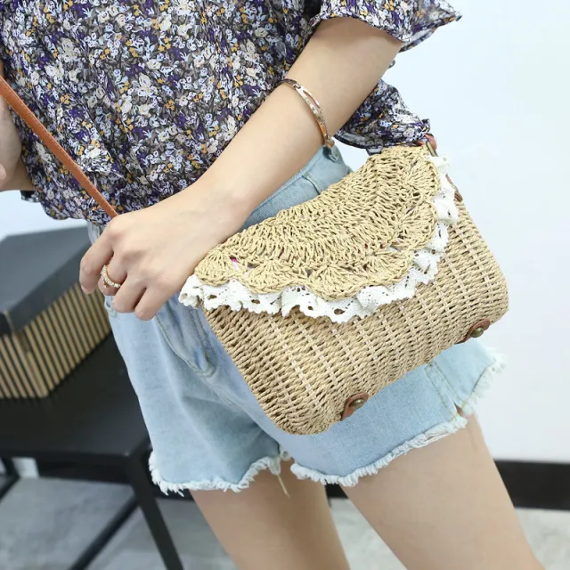 Handmade Straw Bag Summer New Style Woven Bag Lace One shoulder Diagonal Straw Bag Beige - Shop at LoveMi
