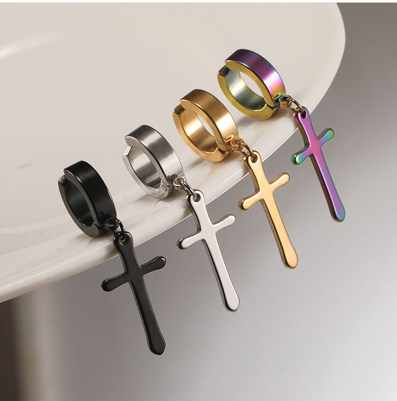 Punk Hip-Hop Trendy Earrings Male Stainless Steel Cross