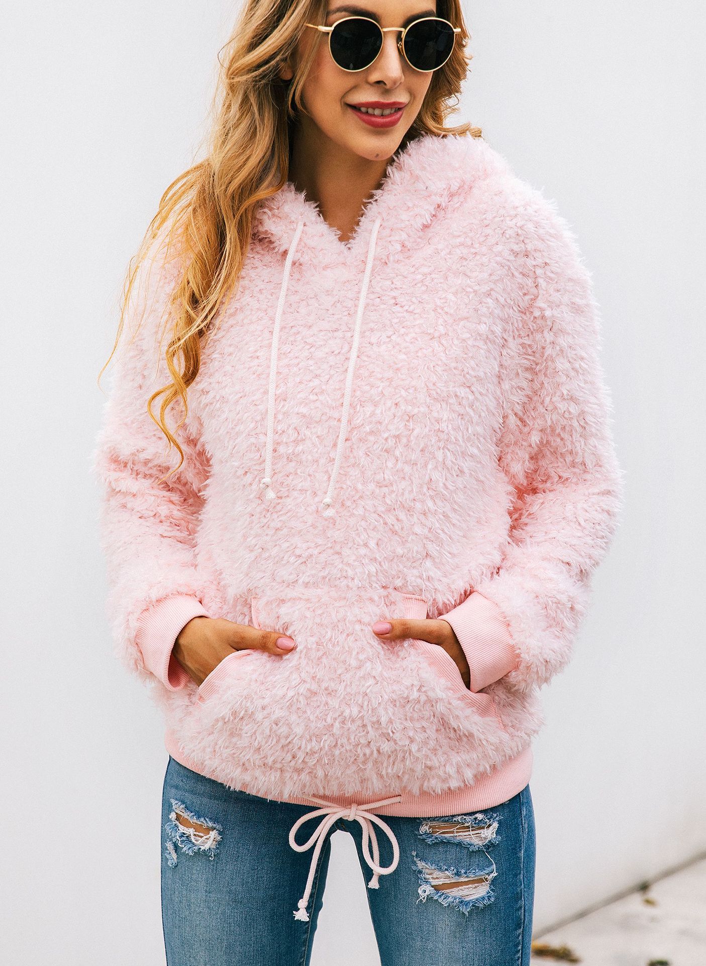 New Arrivals Autumn And Winter Hooded Pockets Long Sleeved Blouse Pink - Shop at LoveMi