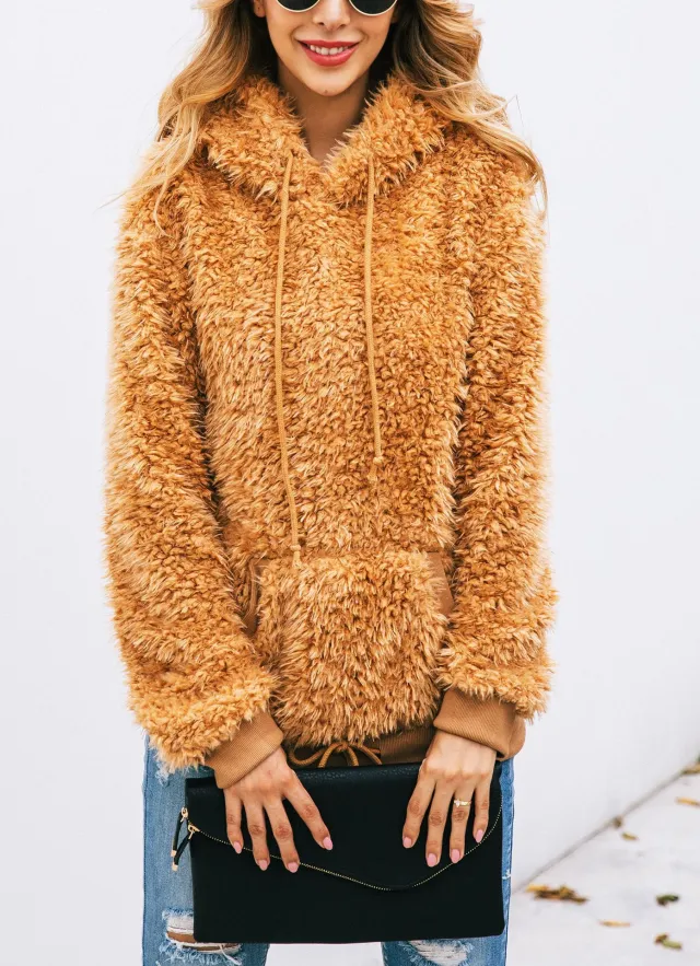 New Arrivals Autumn And Winter Hooded Pockets Long Sleeved Blouse Yellow - Shop at LoveMi