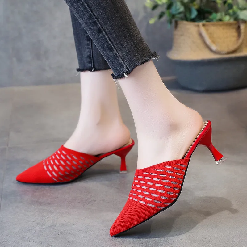 Baotou Half Drag Women'S Mid-Heel Stiletto Point-Toe Flying Woven Hollow Sandals - Red