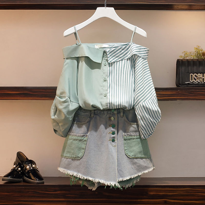 New Off-Shoulder Short-Sleeved Top And Denim Shorts Suit