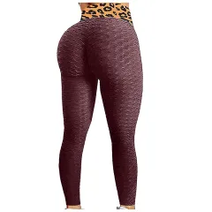 Bubble Yoga Pants High Waist Hip Sweatpants New Leopard Print Stitching Leggings Peach Hip Tights - Wine Red - View 1