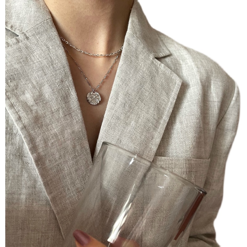 French Chic carved irregular coin 925 silver simple necklace