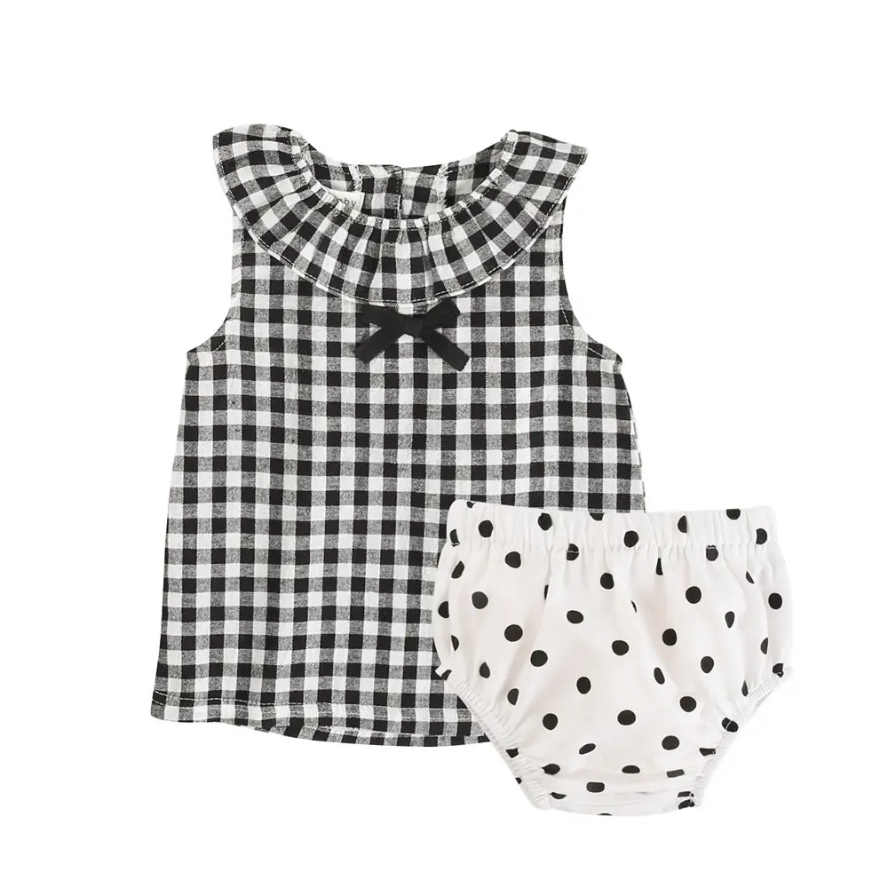 Korean Version Of Childrens Clothing Summer Ins Plaid Dots Childrens Two-Piece Bowknot T-shirt Briefs Baby Suit Europe And America