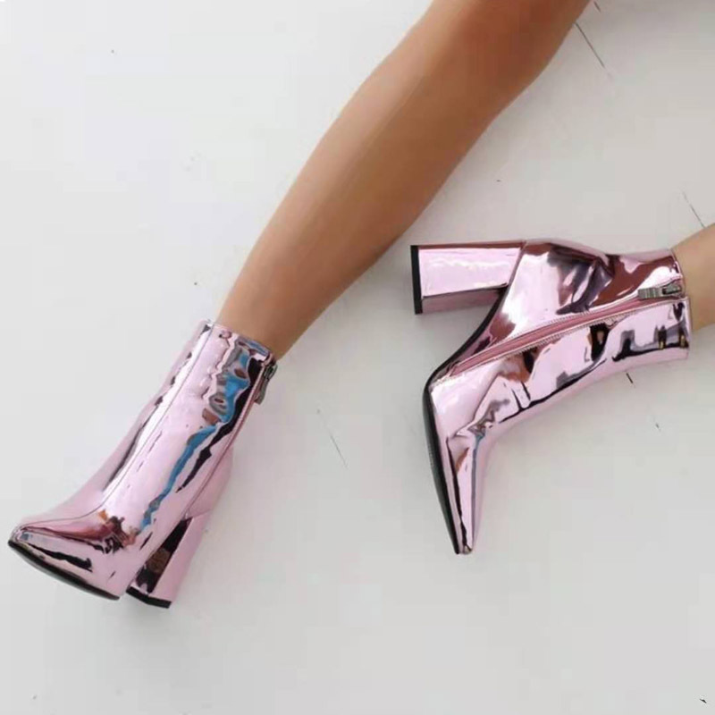 Silver Short Boots Women Autumn And Winter Europe And The United States Pointed Toe Thin Boots Women High-heeled Mid-tube Fashion Patent Leather Thick-heeled Martin Boots