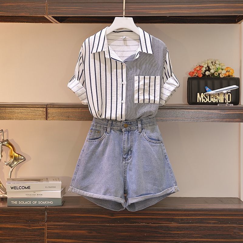 Western Style Shirt Women Cover Belly Slimming Denim Shorts Suit