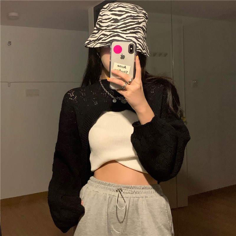 Stacked Loose Short Cutout Blouse Long Sleeve Knitted Sweater Women