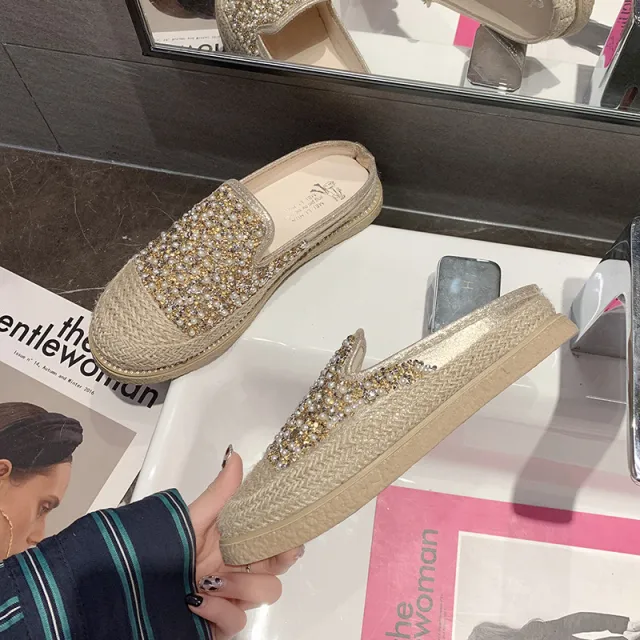 Trendy Korean Fashion Wild Fisherman Rhinestone Pearl Flat Half Drag Gold - Shop at LoveMi