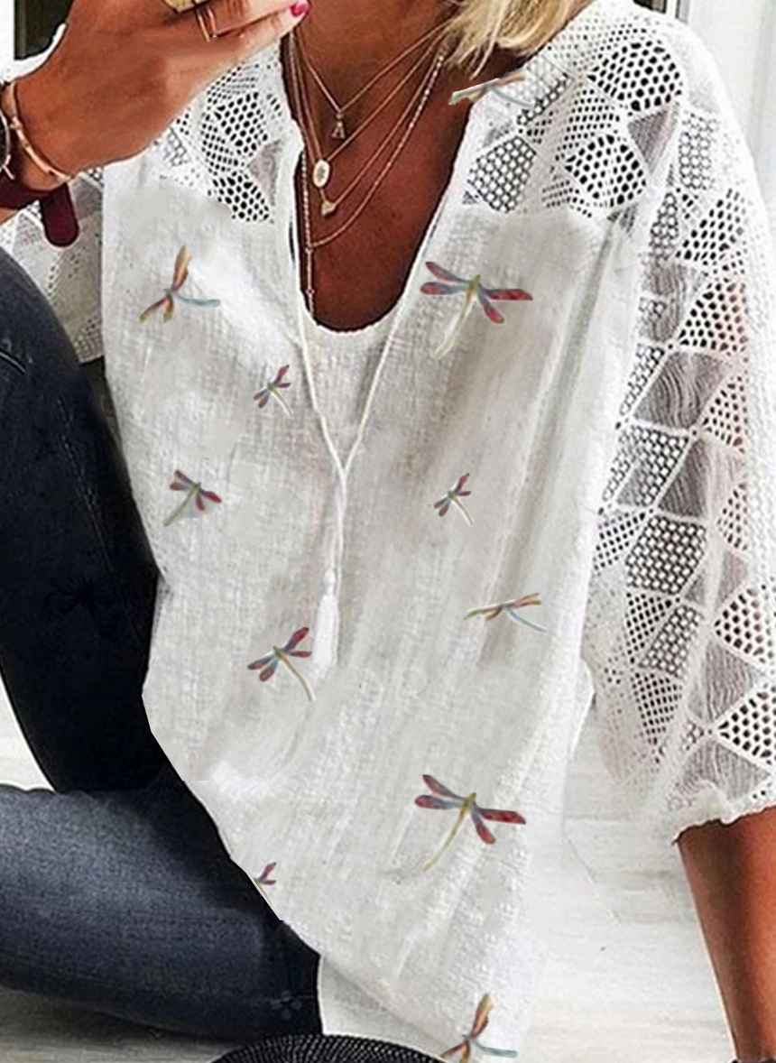 European And American Lace Stitching U-neck Shirt