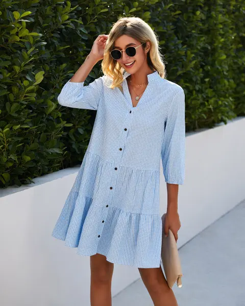 Plaid Printed Ruffle Dress V Neck Button Three-quarter Sleeves